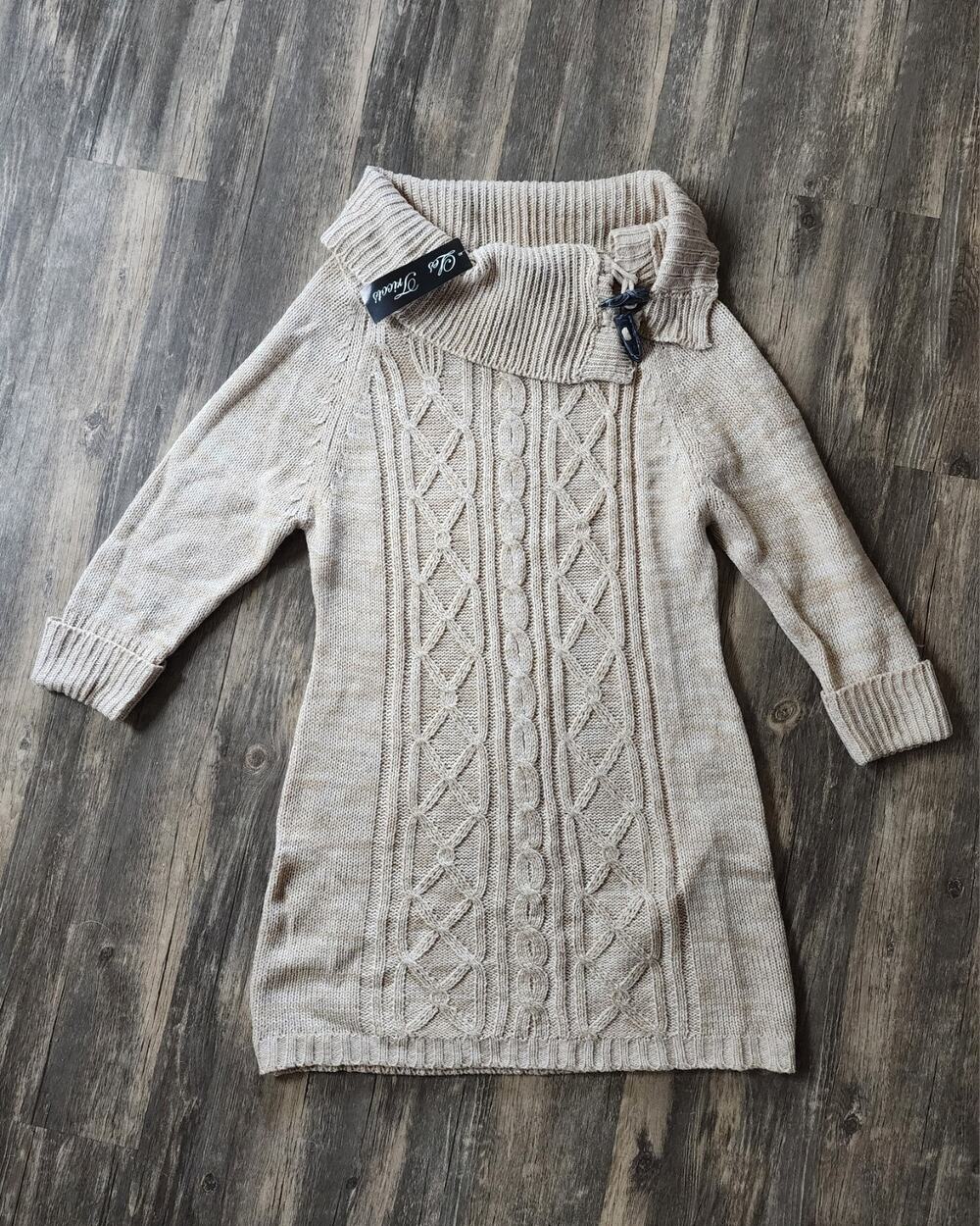 NEW! Les Tricots Almond Beige Knit Cowl Neck Long Sleeve Sweater Dress Size L